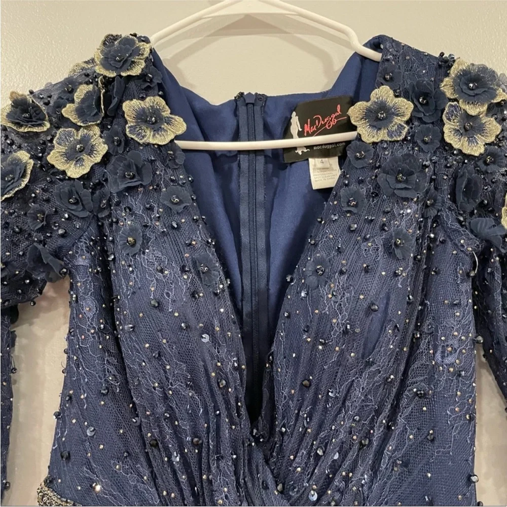 Mac Duggal 67809 Lace Floral Low V-neck Cocktail Midi Dress Gown Midnight 4 - Picture 4 of 10